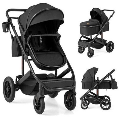 3-in-1 Folding Convertible Newborn Stroller with Detachable Bassinet-Black - Col