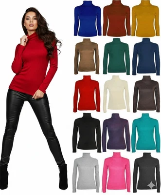 LADIES WOMENS POLO NECK ROLL NECK TURTLE NECK PLAIN JUMPER TOP LONG SLEEVE 8-26 - Image 1 of 2