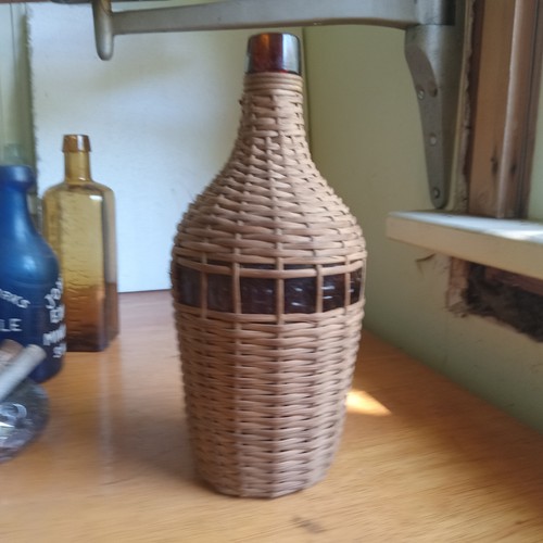 1890s I.W.HARPER EMB HAND BLOWN WHISKEY BOTTLE WITH ORIGINAL WICKER COVERING