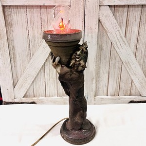 13"H Sculpted Clay Wizard Figure Holding Torch With Flame Bulb RARE