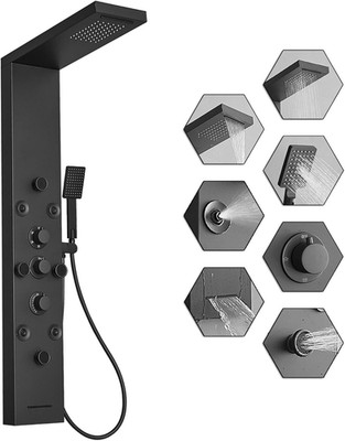 6-in-1 Shower Massage Panel - Rainfall, Waterfall, Body-Spray Jets - Black Steel