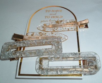 4 GOLD AND SILVER GLITTER LUCITE HAIR CLIPS NEW WITH TAG