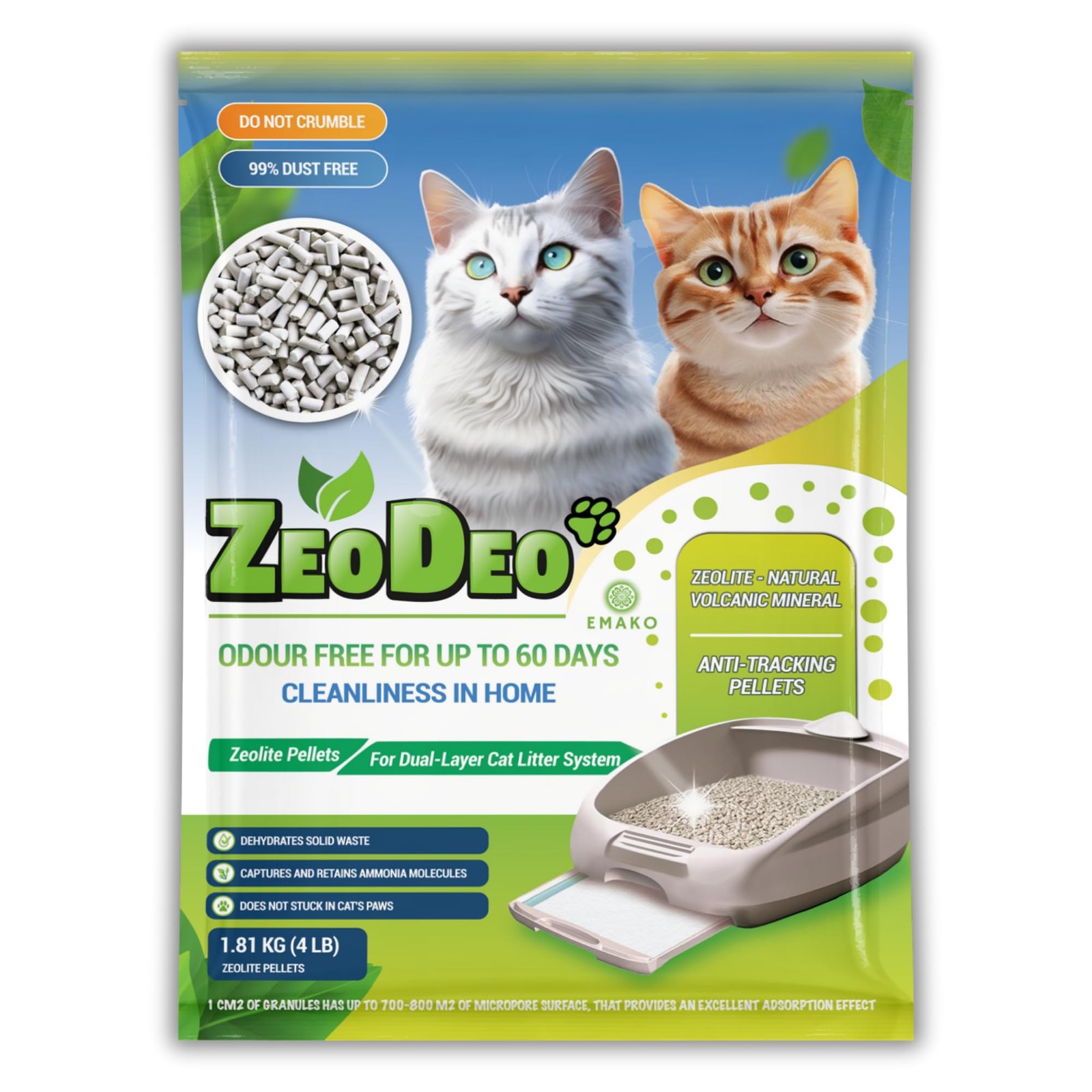 Litière zéolite naturelle pour chat sac de 5kg pour système de bac double
