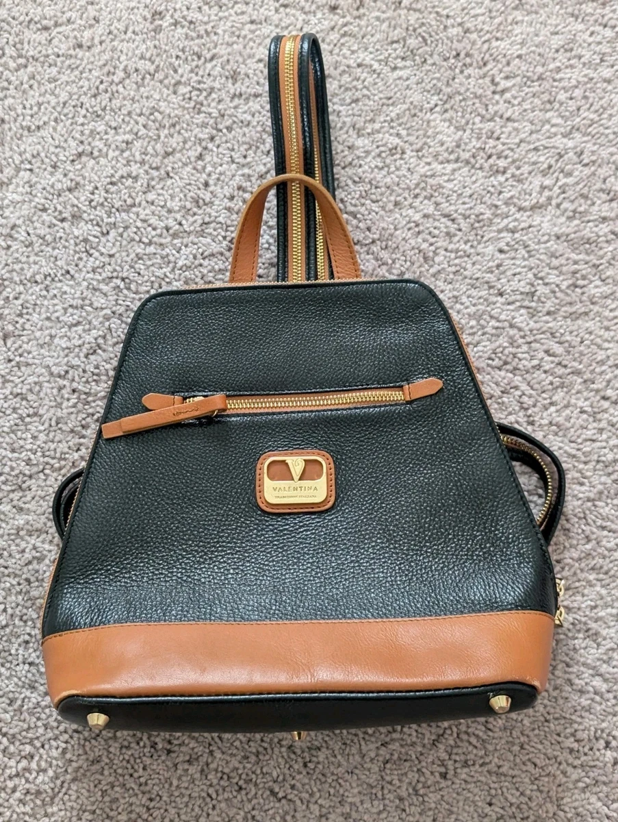 VTG Valentina Italy Black & Tan Pebbled Leather Backpack Sling Bag VALENTINA Black BROWN Pebbled ITALIAN Leather SLING  main image 3