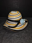 Vintage Murano Style Hand Blown Block Crystal Art Glass Hat w/ Flower Orange/Blk