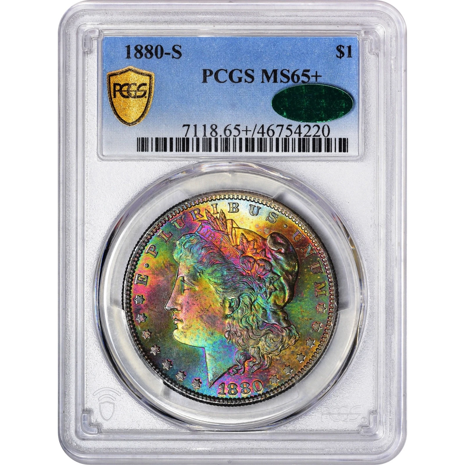 1880S Morgan Silver Dollar MS65+ CAC RAINBOW TONED GEM VIDEO