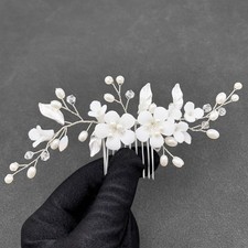 White Flower Hair Comb Ceramic Floral Ivory Pearls Silver Vine Leaf Bridal