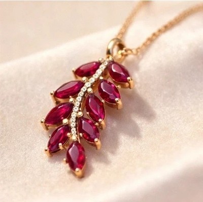 Stunning Leaf Pendant 2 Ct Marquise Cut Lab Created Ruby 14k Yellow Gold Plated