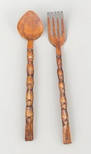 Vintage Giant Wooden Fork And Spoon Wall Decor Set Over 2 Ft Totem Style Handles