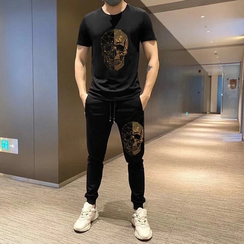 New Men Luxury Skull Rhinestones Set Black T-Shirt & Pants High Quality Suit - Picture 7 of 8