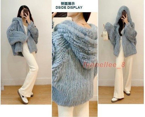 Womens Real Rabbit Fur Knitted Coat Casual Hooded Cardigan Jacket Batwing Sleeve - Picture 5 of 42