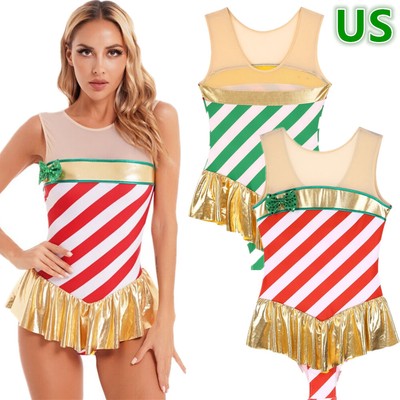 Women Christmas Candy Cane Costume Striped Bodysuit Leotard Tutu Skirted Dresses