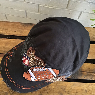 LEADER Black Bling Crystals Football Baseball Hat Distressed  display picture 3
