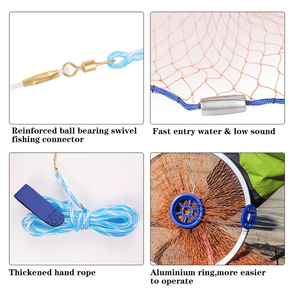 Hand Cast Fishing Net Easy Throw Bait Strong Tire Line Mesh w/ Sinker 8 ...