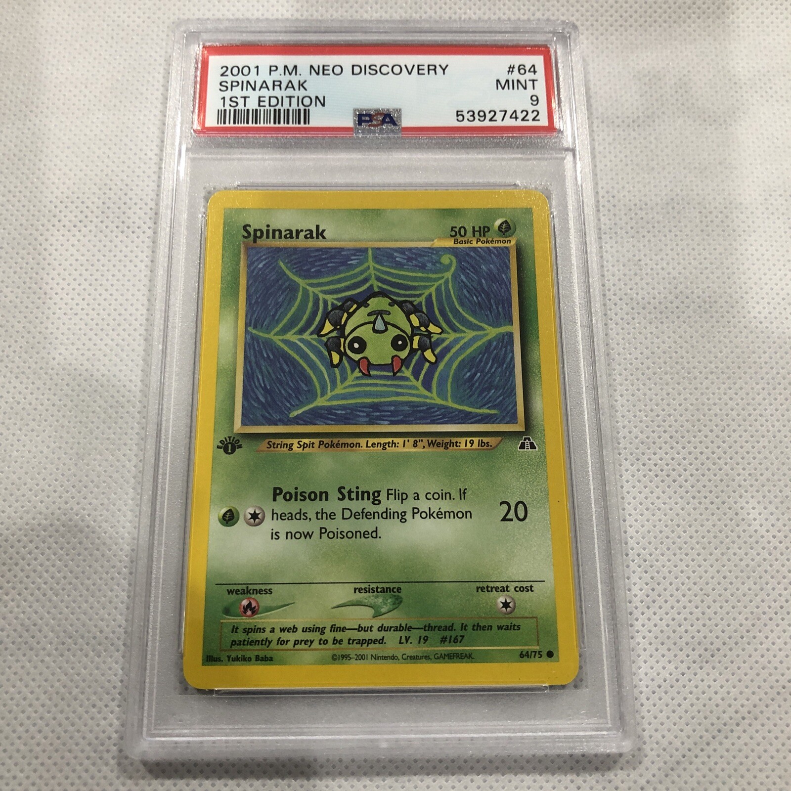 2001 Pokemon Neo Discovery 1st Edition Spinarak #64 PSA 9