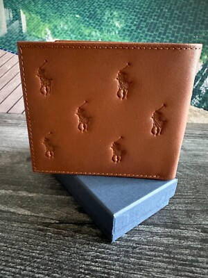 NWT Polo Ralph Lauren CAMEL BROWN Embossed Leather ALL OVER PONY Bifold  Wallet