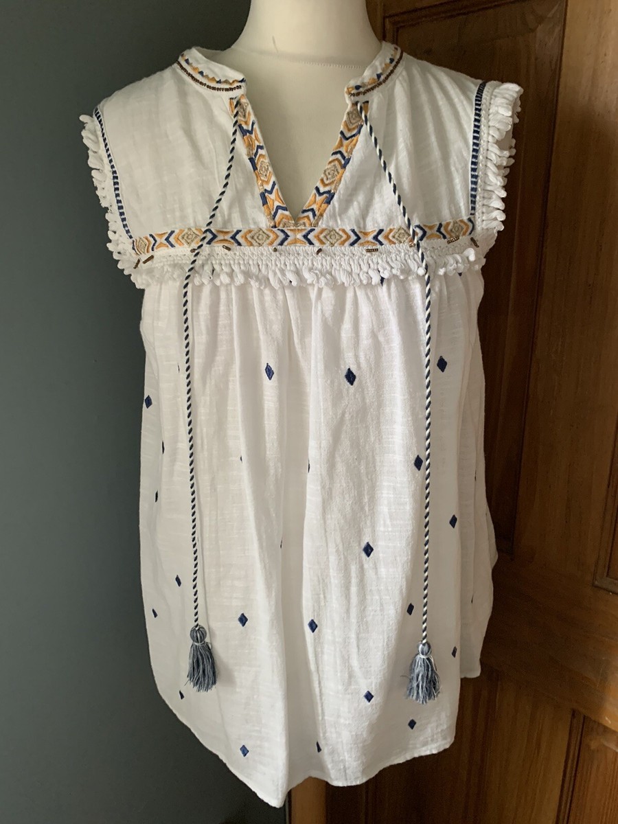 River Island Off White Boho Embroidered Beaded Tasseled Top Size 8 | eBay UK