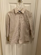 LAFAYETTE 148 NY Gingham Button Down Shirt 3/4 Sleeves Cotton Blend Career Sz M