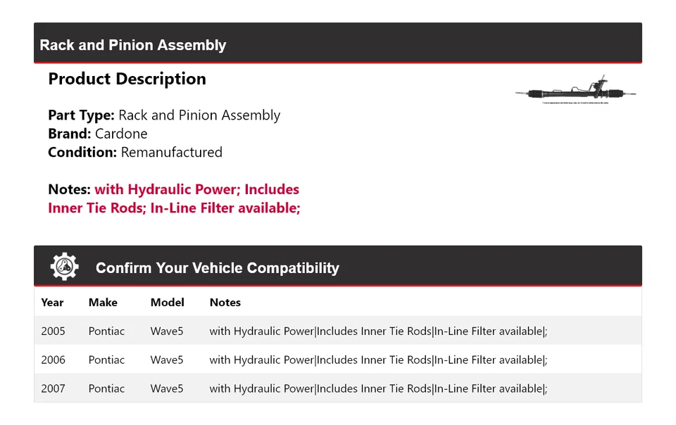 Para 2005-2007 Pontiac Wave5 conjunto de rack e pinhão Cardone 2006 - Imagem 2 de 4