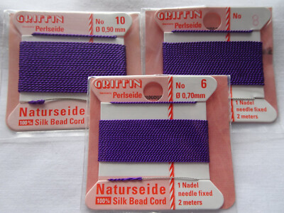 THREE Griffin Cards 100% Silk Thread Cords W/Needle Size 6,8,10 Amethys G211 DNG