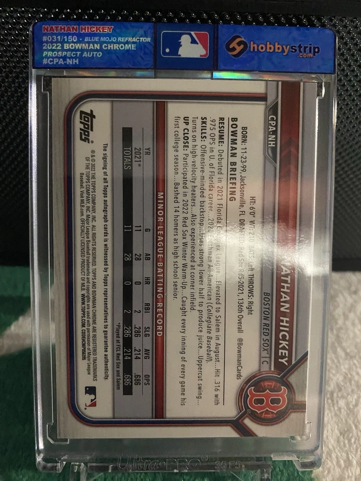 NATHAN HICKEY /150 BLUE MOJO 1ST BOWMAN AUTOGRAPH 2022 BOWMAN CHROME RED SOX - Image 2 of 2
