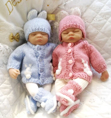 CREATIVE DOLLS DESIGNS Premature Baby Knitting Pattern Bunny Cardigan Set Hat Boots For 10 Inch Doll