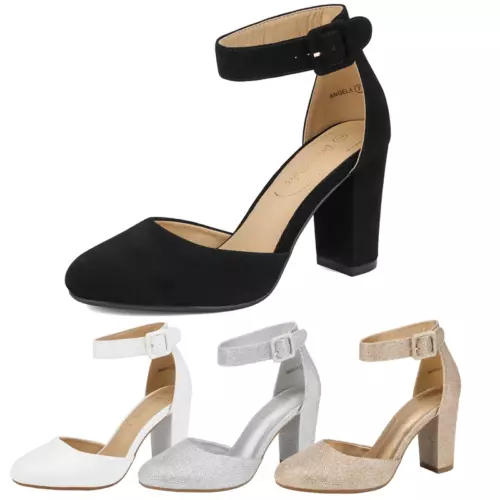 Damen hoher klobiger Blockabsatz Knöchelriemen enge Zehenpartie Hochzeitskleid Pump Schuhe - Bild 1 von 18