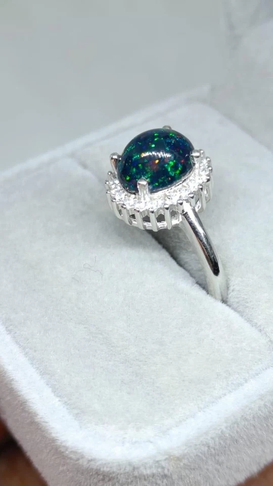 6Ct Oval Cut Black Opal Ring 14k White Gold Fire Opal Christmas Ring for Women's - Image 2 of 2
