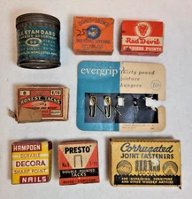 Lot of 8 Vintage Fastener Boxes & Tin - Tacks, Corrugated, Hangers, Red Devil