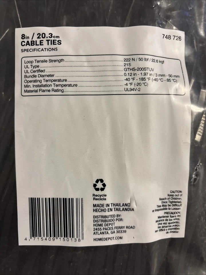Кабельные стяжки 8 дюймов упаковка 1000 шт. *галстуки на молнии* тип 21S UL (коммерческие электрические) - Изображение 4 из 4