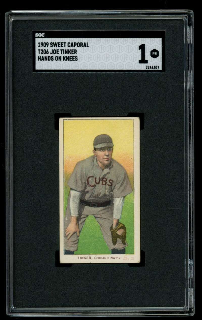 1910 T206 #486 Joe Tinker SGC 1 Cubs Hands on Knees Sweet Caporal 150 30  (6307)