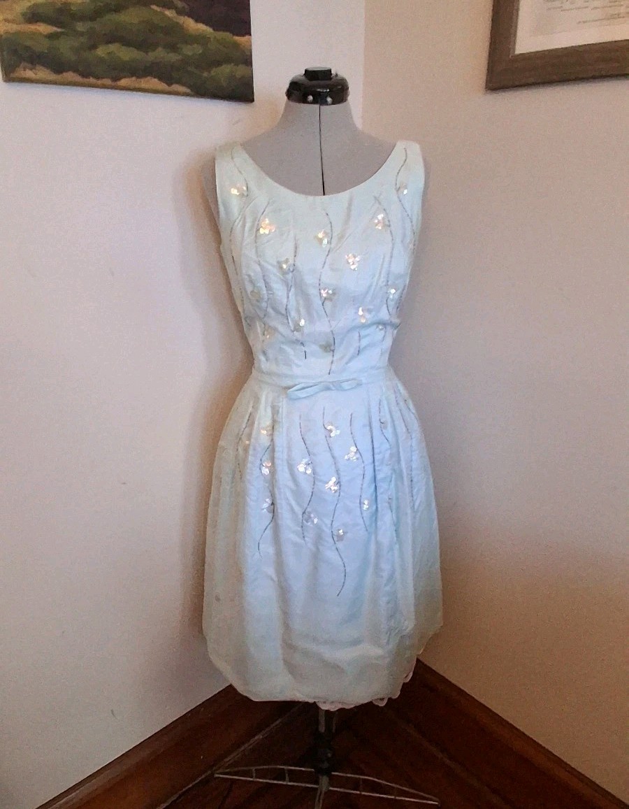 60s Vintage Dress, Beaded Light Blue Cocktail Prom Dress Sz M Wounded Bird