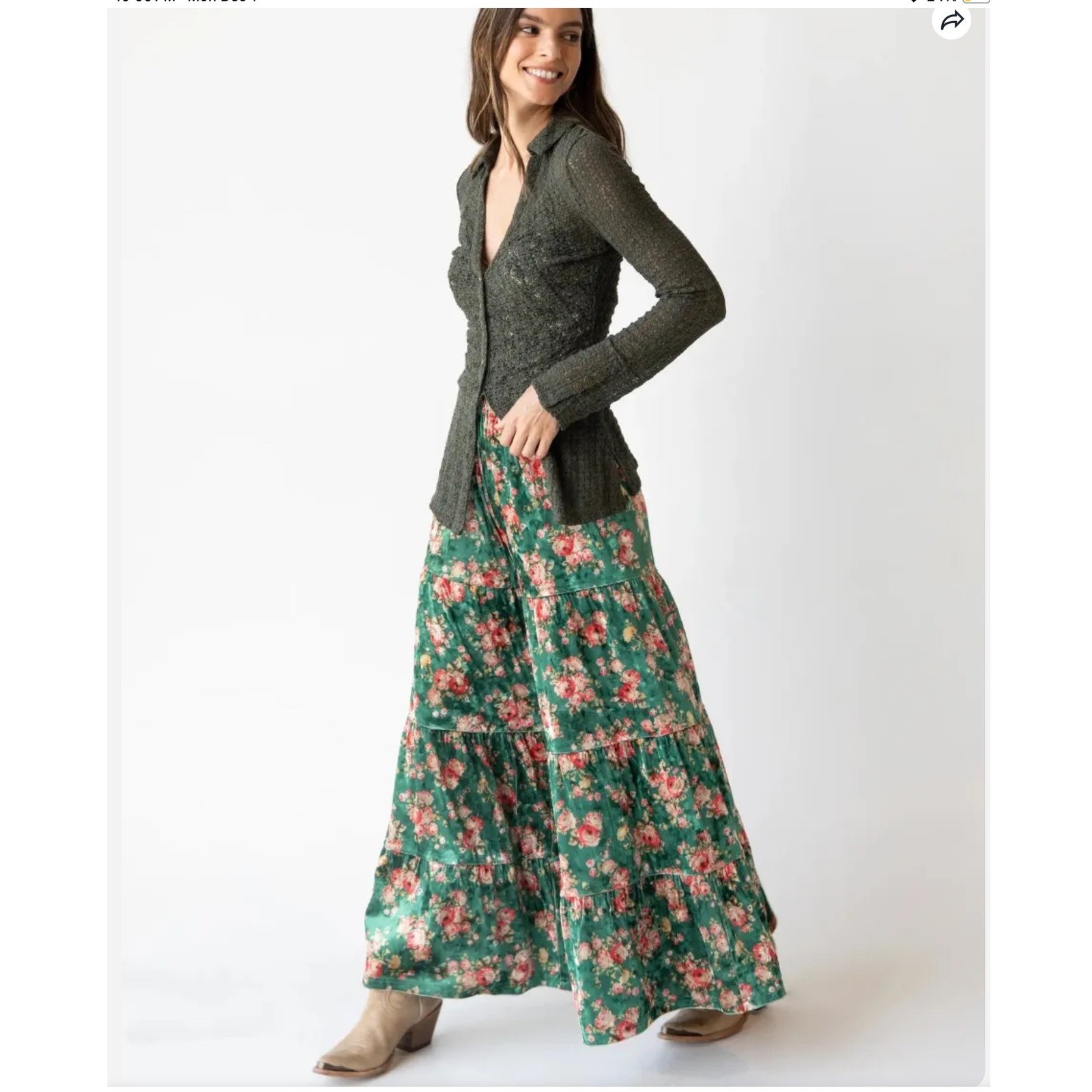 Natural Life Patti Velvet Palazzo Pants Green Floral M Wide Leg Boho Cottagecore
