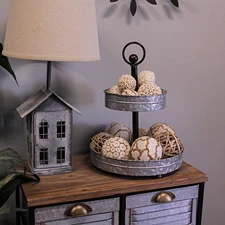 Scratch & Dent 16-Inch High Galvanized Metal Two-Tier Rustic Round Tray Stand