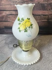 Vintage Milk Glass Hurricane Lamp Yellow Roses Hobnail Base UL Portable Lamp