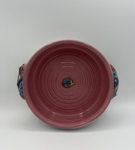 Vintage Amy Green Tropical Fish Pink White Handled Studio Art Pottery Bowl 9”