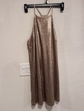 H Halston Sequin Sparkly Party Mini Dress Gold Champagne Holiday Wedding Size 14