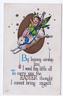 Elf Bunny Rabbit Airship E 100 Embossed Gold Egg Stars Easter Vintage Postcard