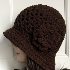 Handmade Womens Cloche Hat Crochet Flower 1920s Flapper Bucket Hat Dark Brown