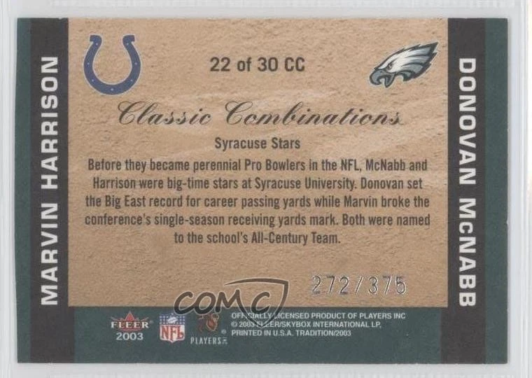 2003 Fleer Tradition Classic Combinations Blue Donovan McNabb Marvin Harrison - Image 2 of 2