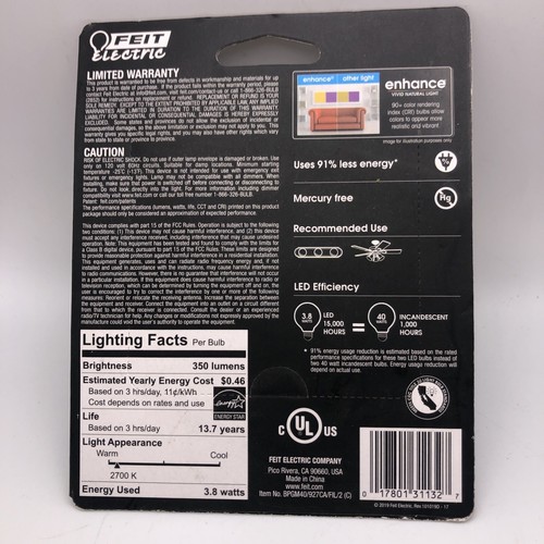 Feit BPGM40/927CA/FIL 2-Pack LED Soft White Bulb G16.5 Lamp 40 W Equivalent - Picture 3 of 4
