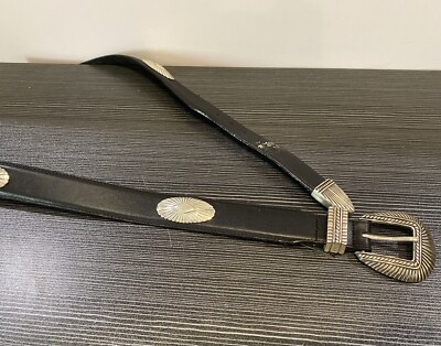 Vintage Onyx By Brighton Black Leather Belt 45”Silver 