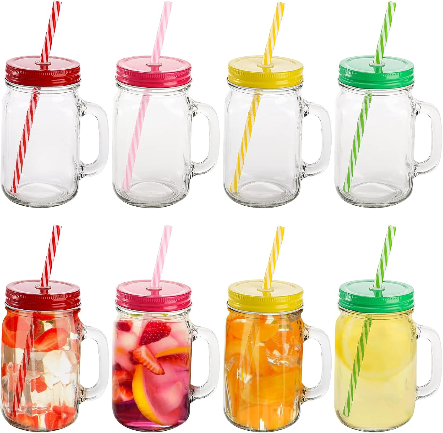 16oz Glass Mason Jar Cups with Lids & Straws - 8-Pack Wide Mouth Reusable Jars