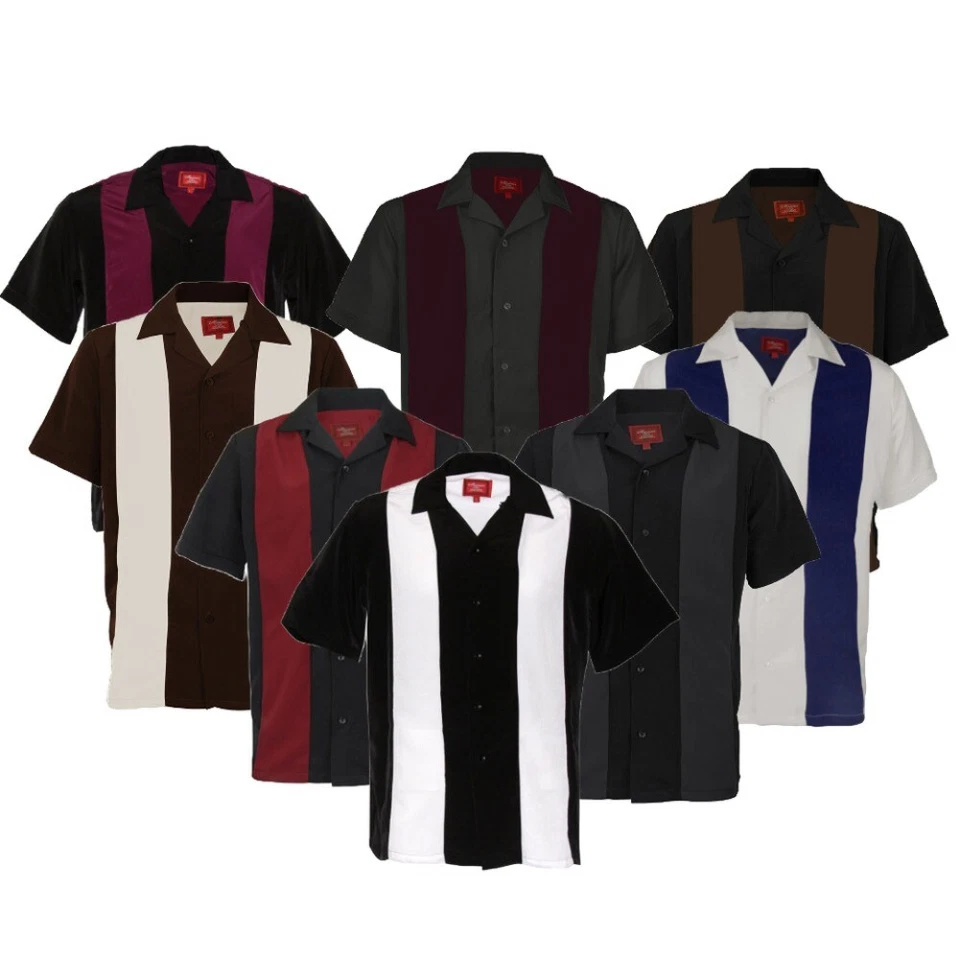 Maximos Men's T-Shirt Two Tone Retro Classic Button Up Short Sleeve Bowling Tee