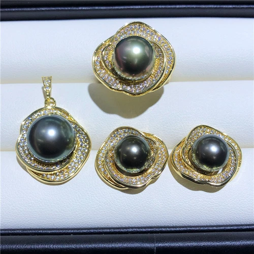 Gorgeous AAAA+ 10-11mm Tahitian Black Round Pearl Pendant&Earring&Ring Set 925s
