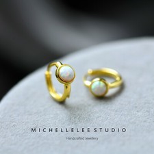 Minimalist White Opal Huggie Hoop Earrings in Sterling Silver
