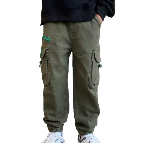 Kids Boy Pure Cargo Pants Cotton Casual Pants Drawstring Loose Jogging Work Pant - Picture 44 of 56