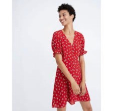 Madewell 100% Silk Red Ruffle Sleeve Button Front Dress Little Lilies 8 Medium