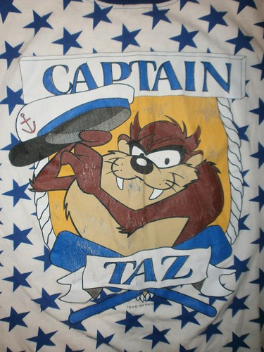 vtg CAPTAIN TAZ TSHIRT Stars Nautical Tasmanian Devil Boating Sailing Ringer MED - Picture 2 of 5