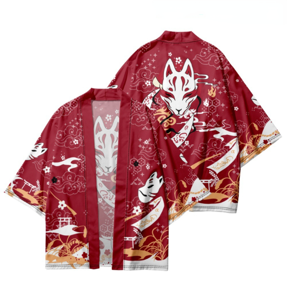 Kimono Cardigan Unisexe Homme/femme - Style Rétro Fox Yukata - Veste Desserrée - Polyester - Taille Regular